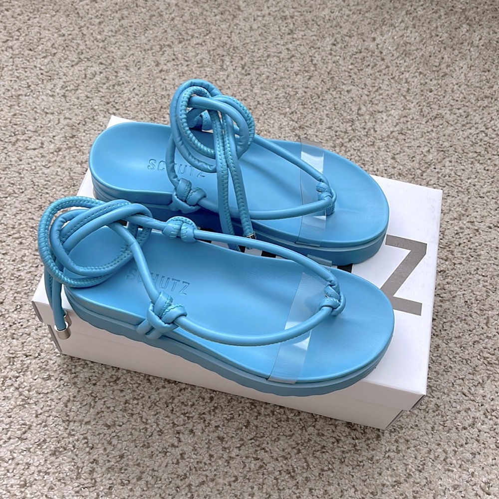 Schutz Siena Sport Leather & Vinyl Sandal Size 5.5 in Wonder Blue